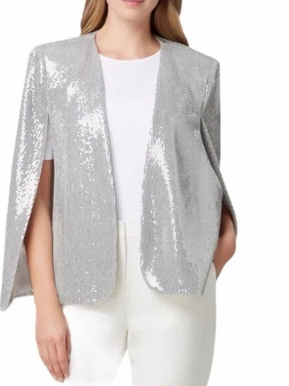 Tahari Grey & Sliver Sequin Cape Blazer Evening Jacket Size Medium